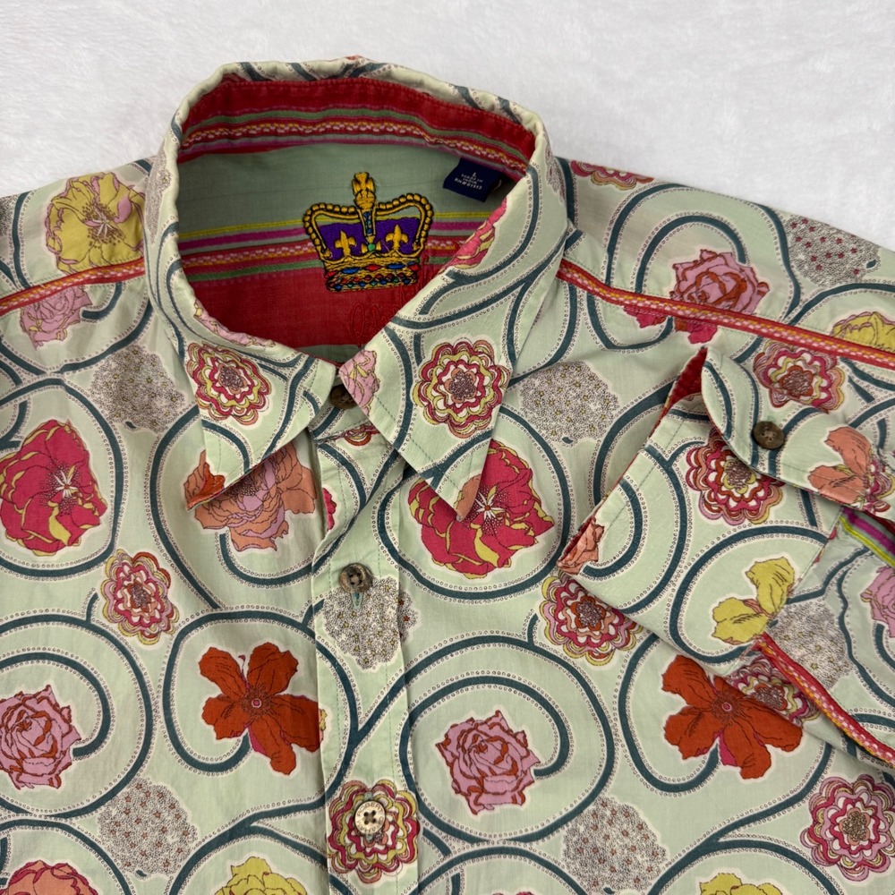 Robert Graham Mens Floral Button Down Shirt Sage Green Long Sleeve Size L Crown
